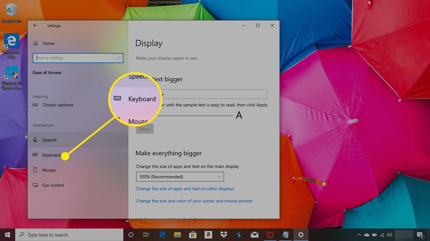 Ease of Use menu in Windows 10 with the Keyboard menu highlighted