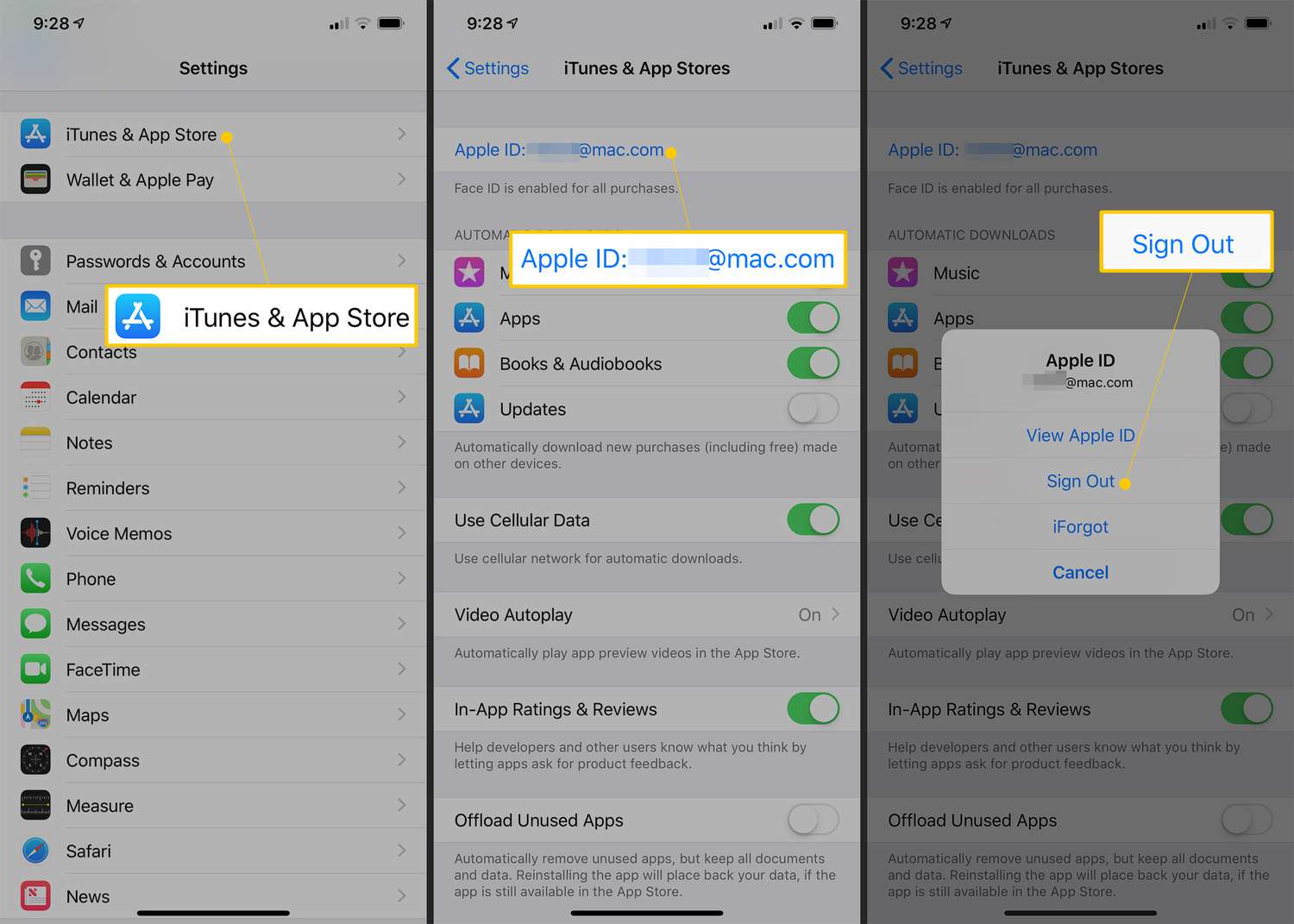 iTunes & App Store, Apple ID, Sign Out buttons in iOS Settings