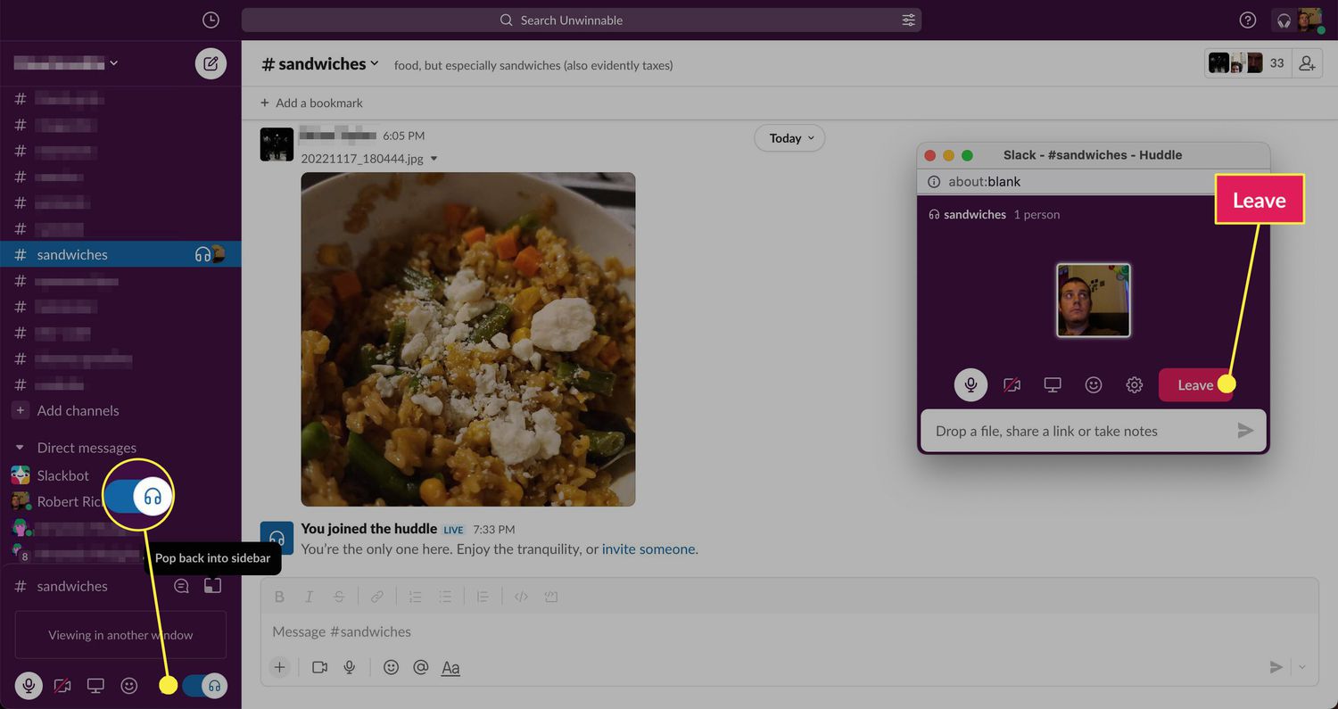 Headphones icon and Leave highlighted in Slack huddle