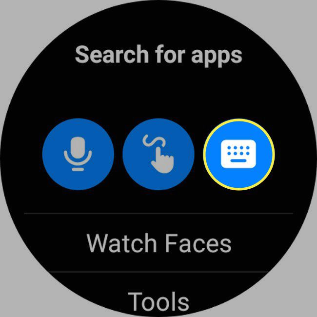 The keyboard icon highlighted in the Play Store on a Galaxy Watch