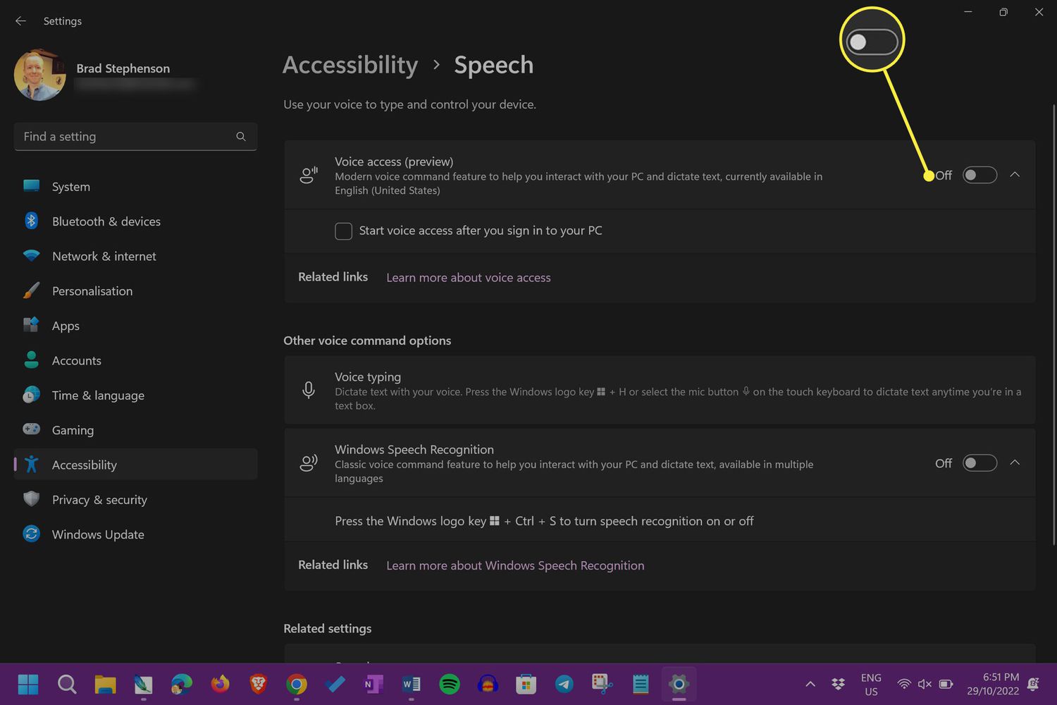 Voice access switched Off in Windows 11 Settings