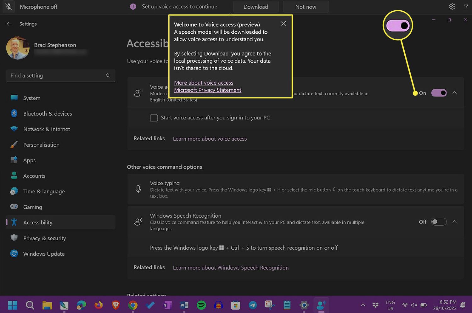 Voice access welcome window and Voice access toggle On in Windows Settings