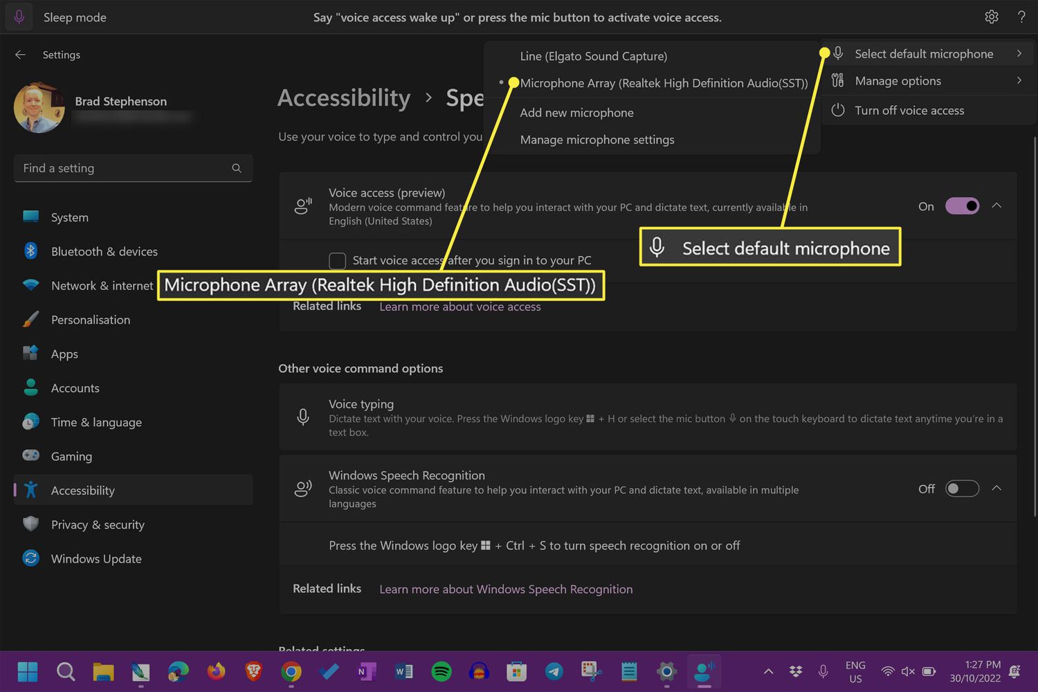 Microphone and Select default microphone highlighted in Windows 11 voice access settings