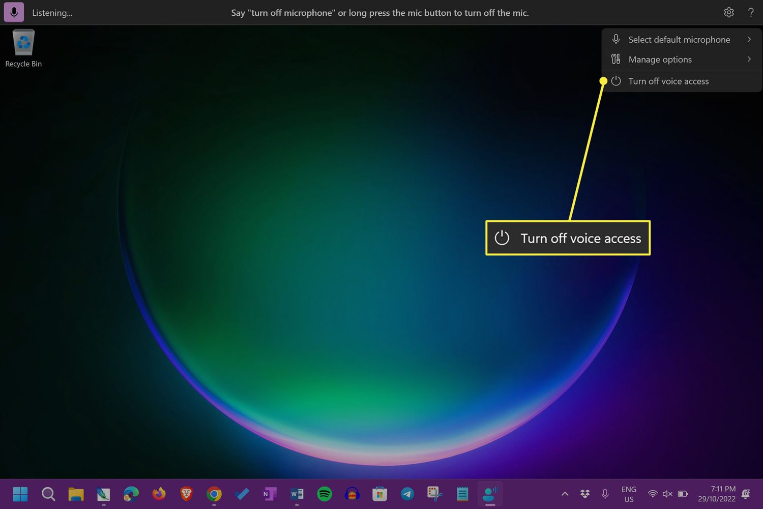 Turn off voice access in Windows 11 desktop voice access menu