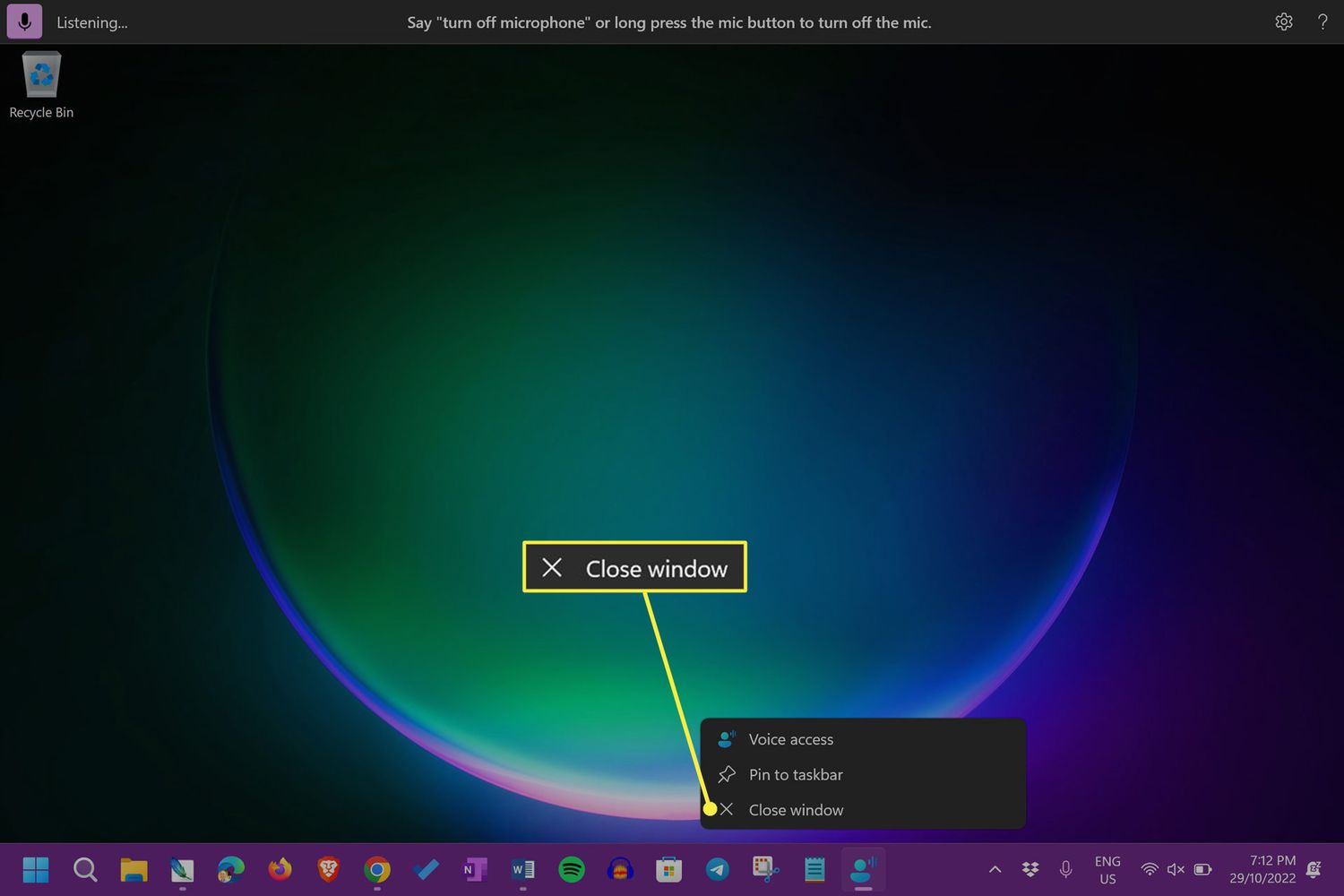 Close window highlighted in the voice access app menu in the Windows 11 taskbar