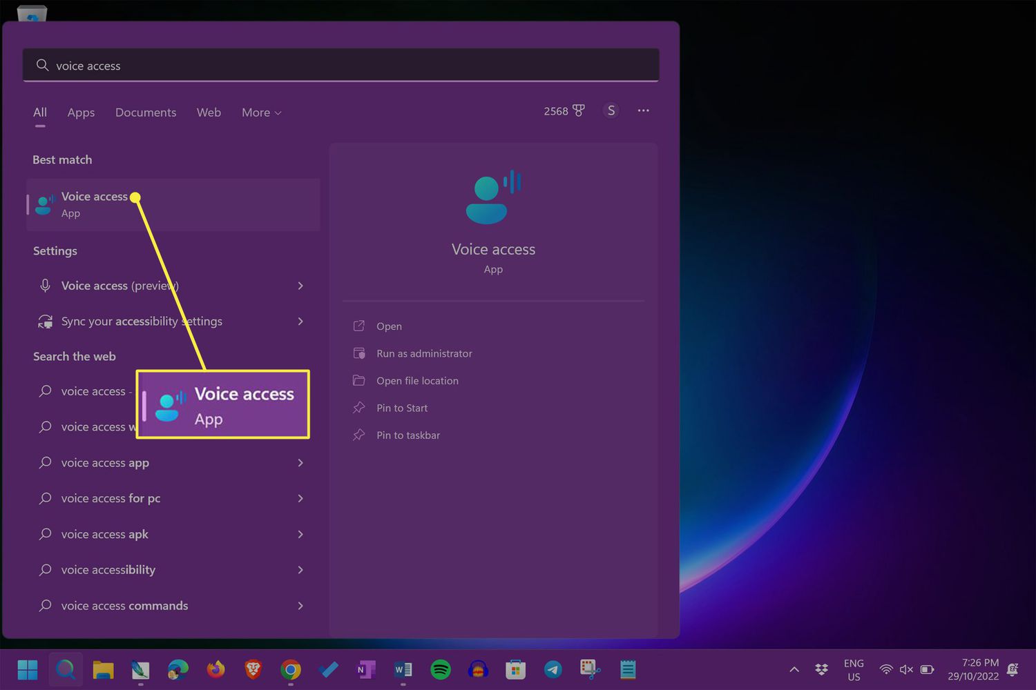 Voice access app in Windows 11 Start menu