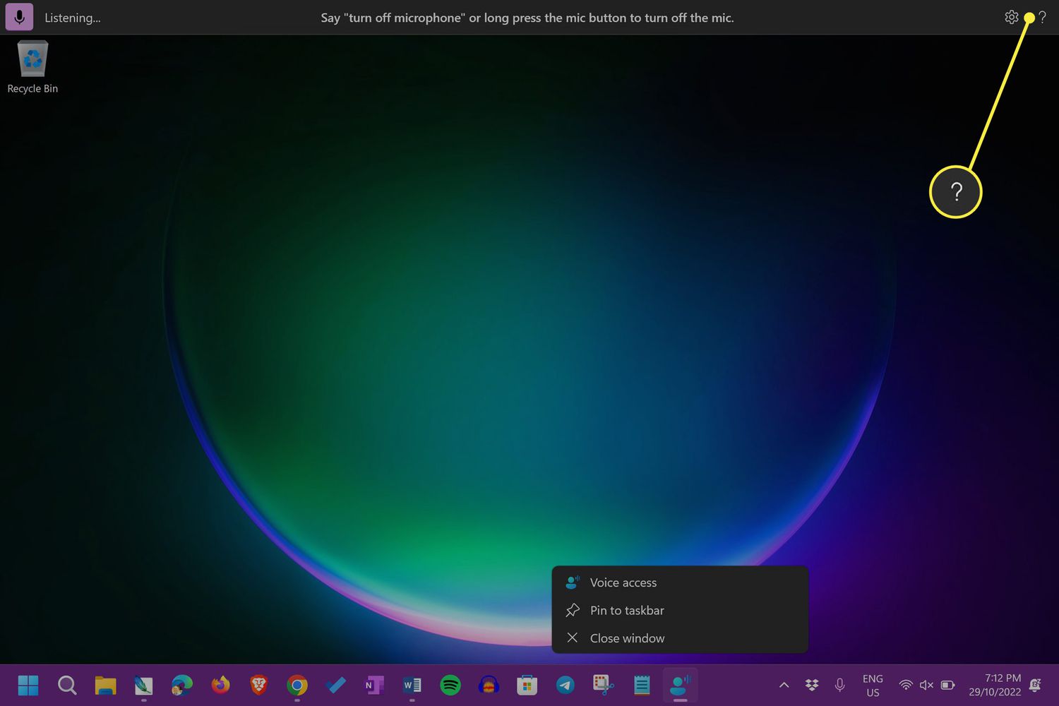 Question mark icon highlighted in the voice access toolbar active on the Windows 11 desktop