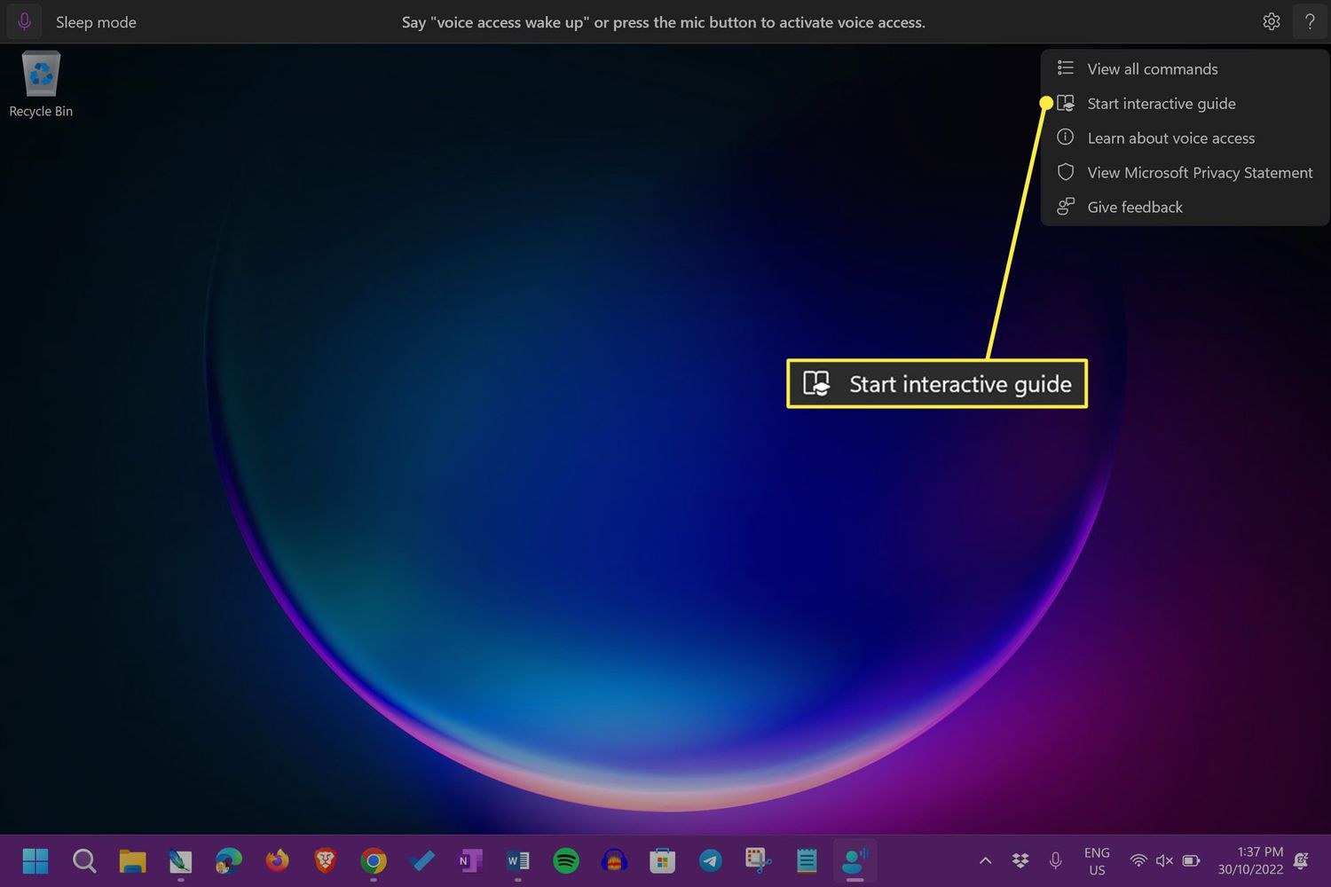 Start interactive guide in the voice access toolbar in the Windows 11 desktop