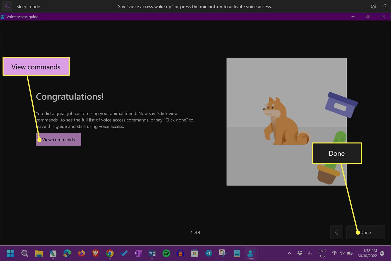 View commands and Done in Windows 11 voice access interactive guide tutorial