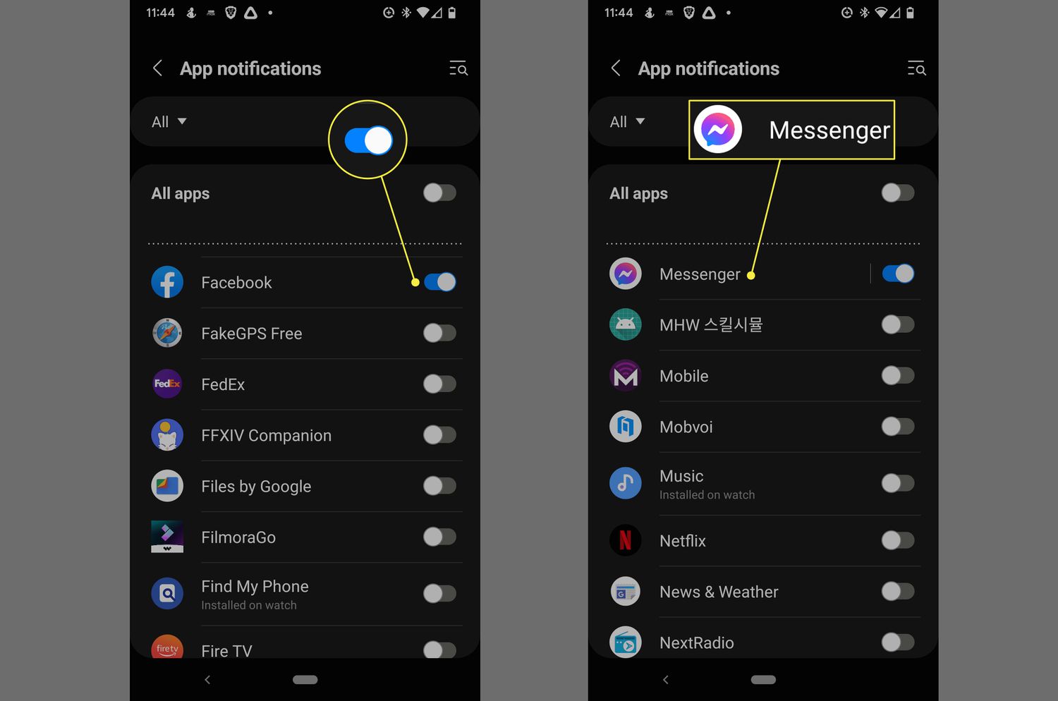 Facebook and Messenger toggles in Galaxy Wearable app