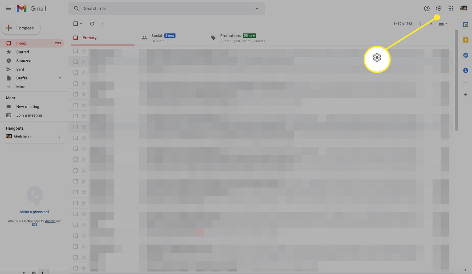 Gmail screen with Settings (gear icon) highlighted