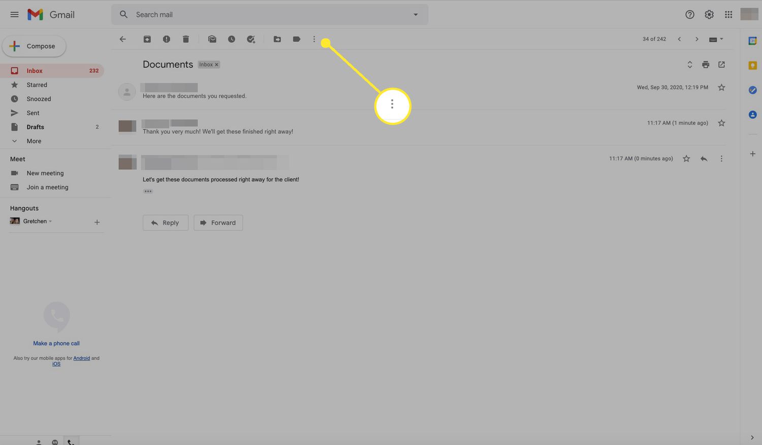 Gmail toolbar with More (three dots) highlighted