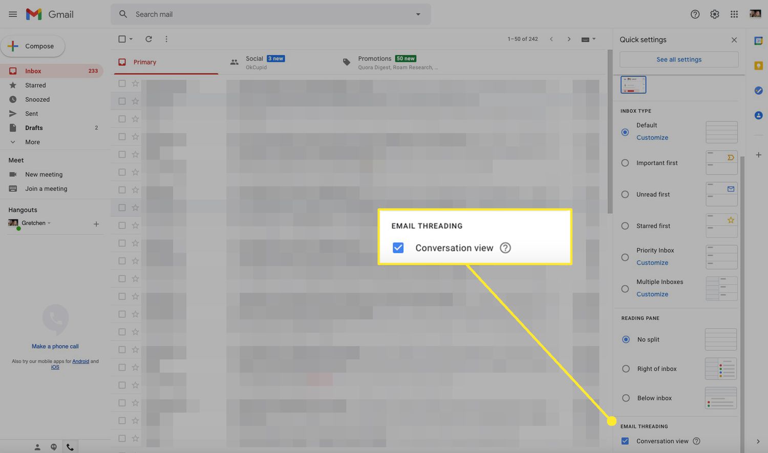 Gmail Settings with Conversation View checked and highlighted