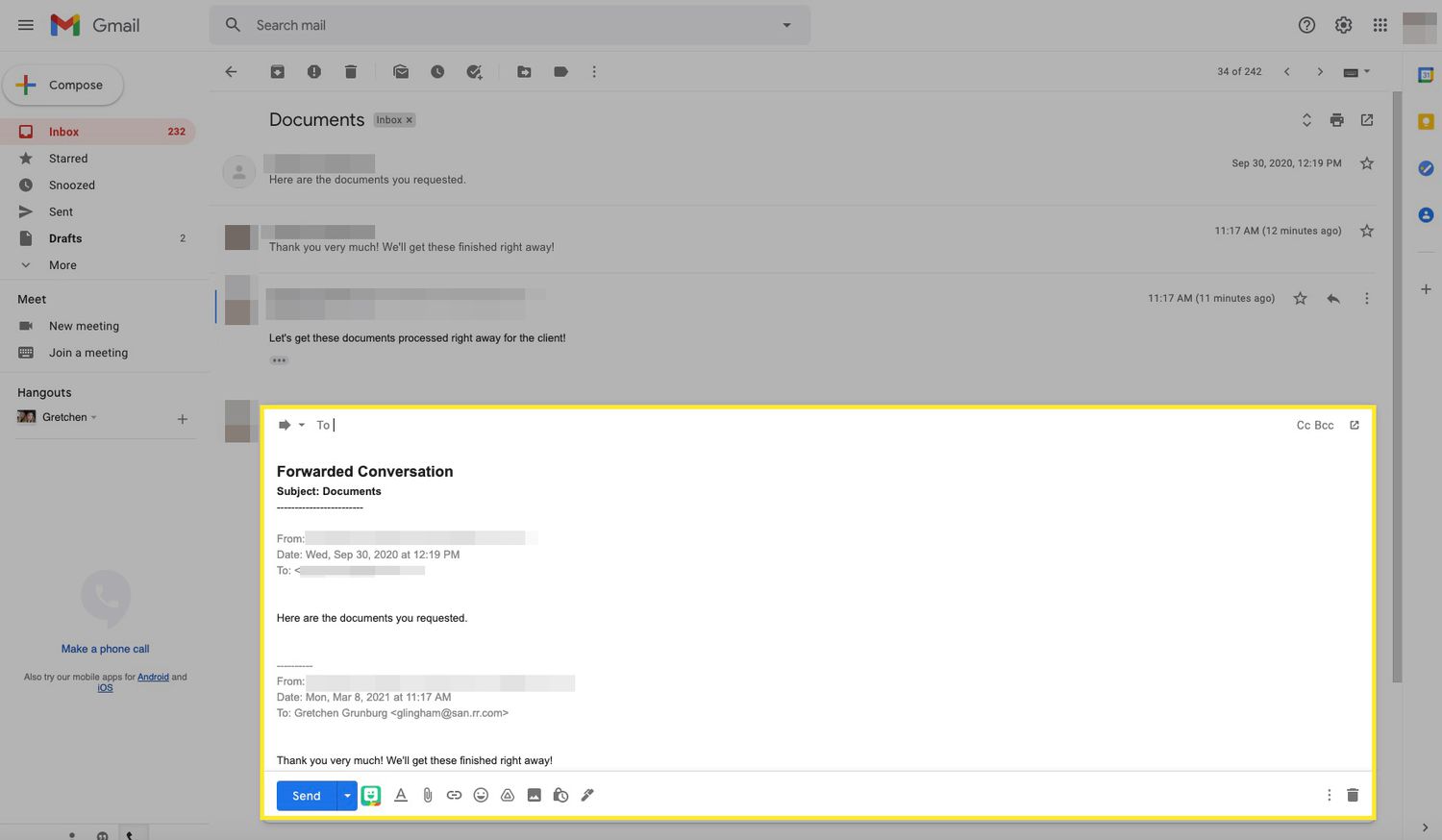 Gmail email thread being forwarded with Forwarded Conversation highlighted