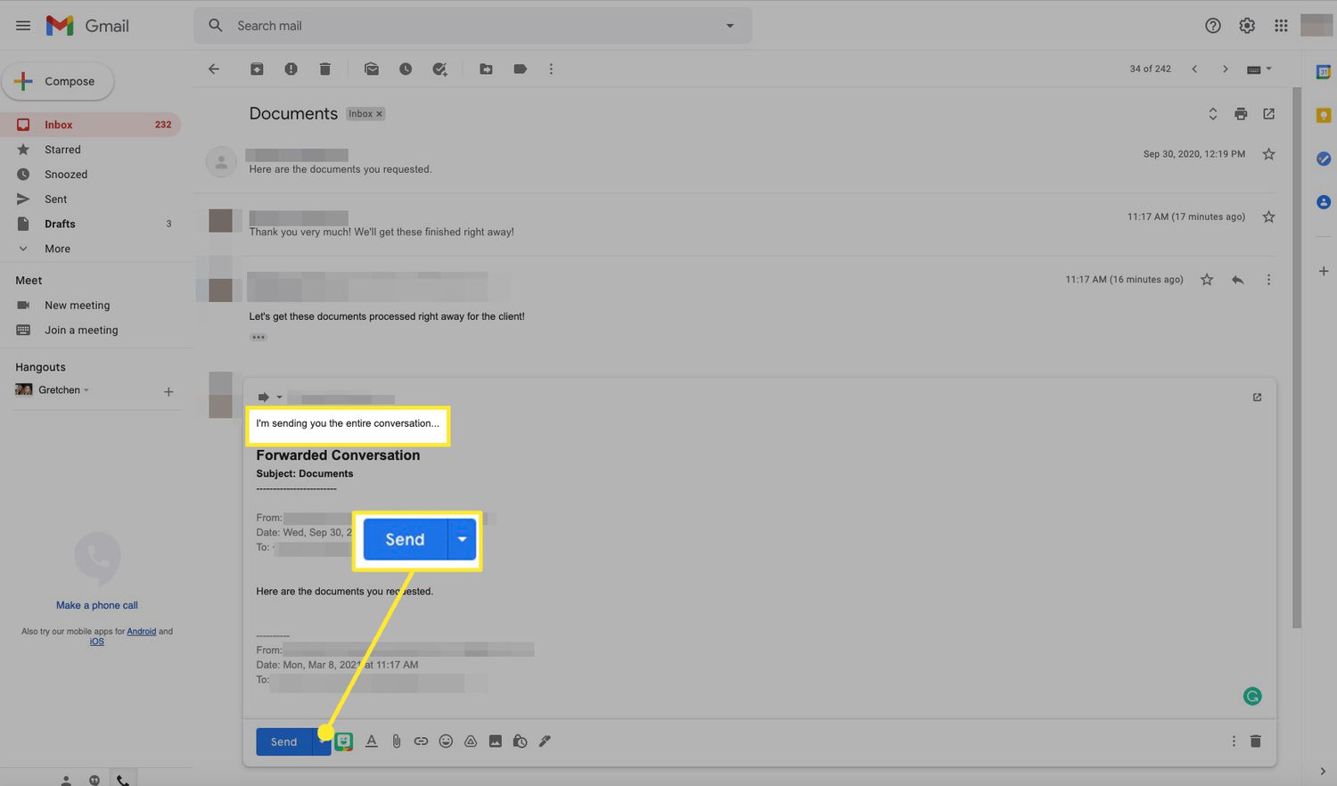 Gmail forwarded conversation thread with Send highlighted