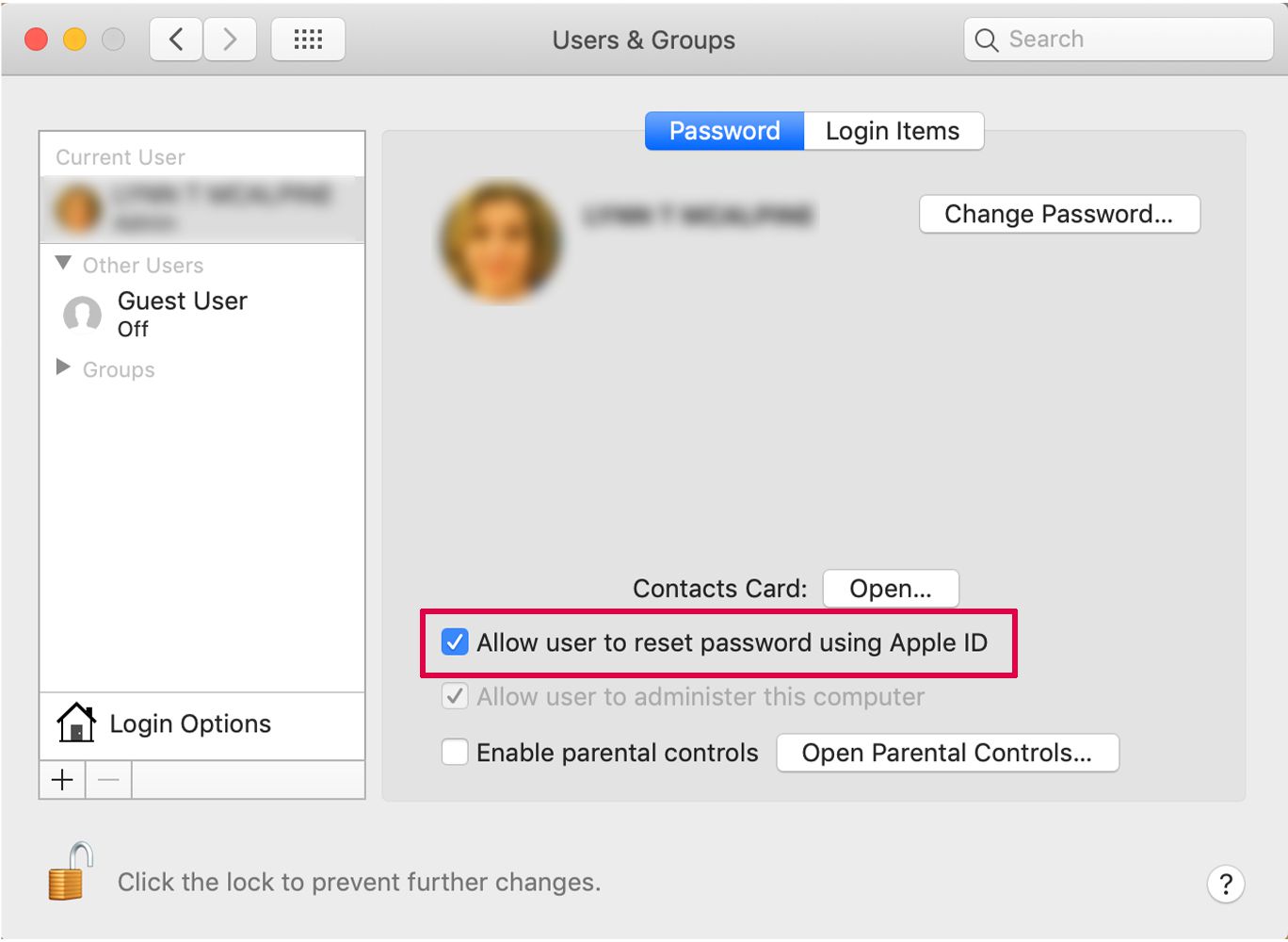 System Preferences Users & Groups screen