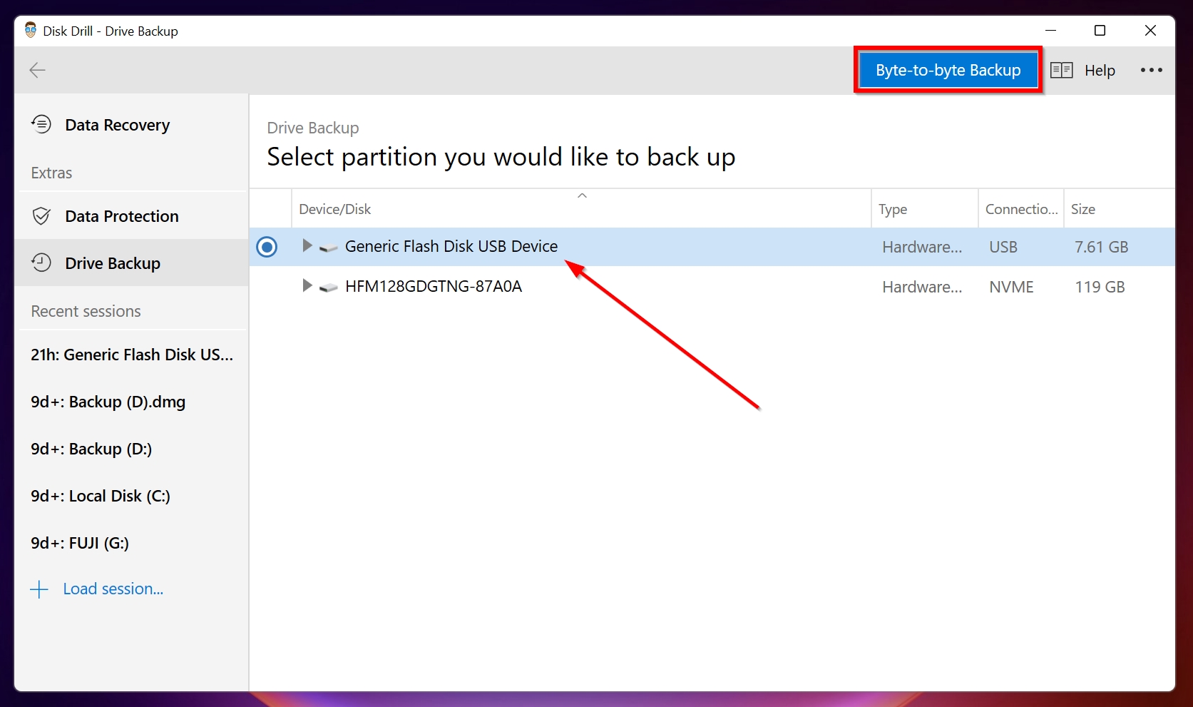 Byte-to-byte backup screen in Disk Drill.