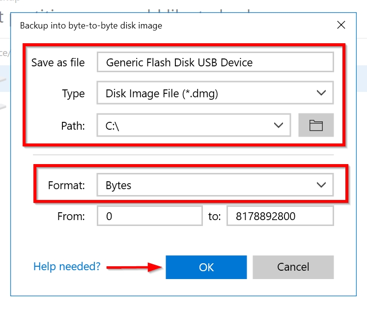 Byte-to-byte backup parameters windows.