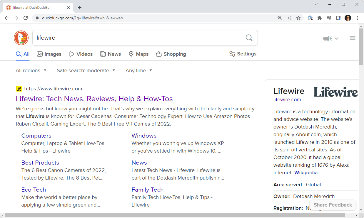 DuckDuckGo search for Lifewire