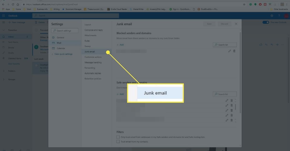 Viewing Junk email options within Outlook.com website