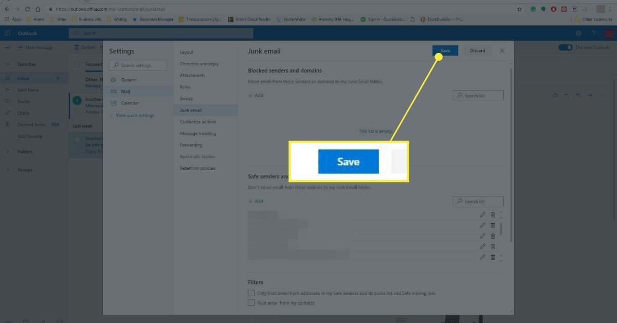 Saving Junk email options within Outlook.com website