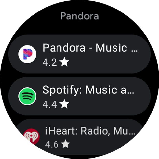 Pandora highlighted in Galaxy watch Play Store search results.