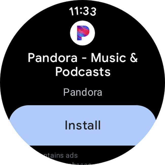 Install highlighted in the Google Play Store on a Galaxy watch.