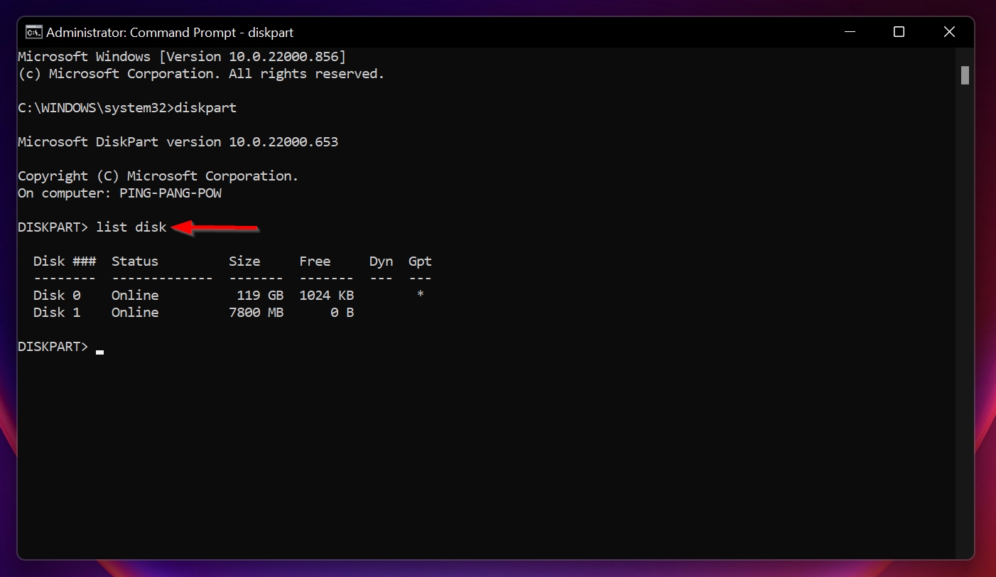 The list disk command in Command Prompt.