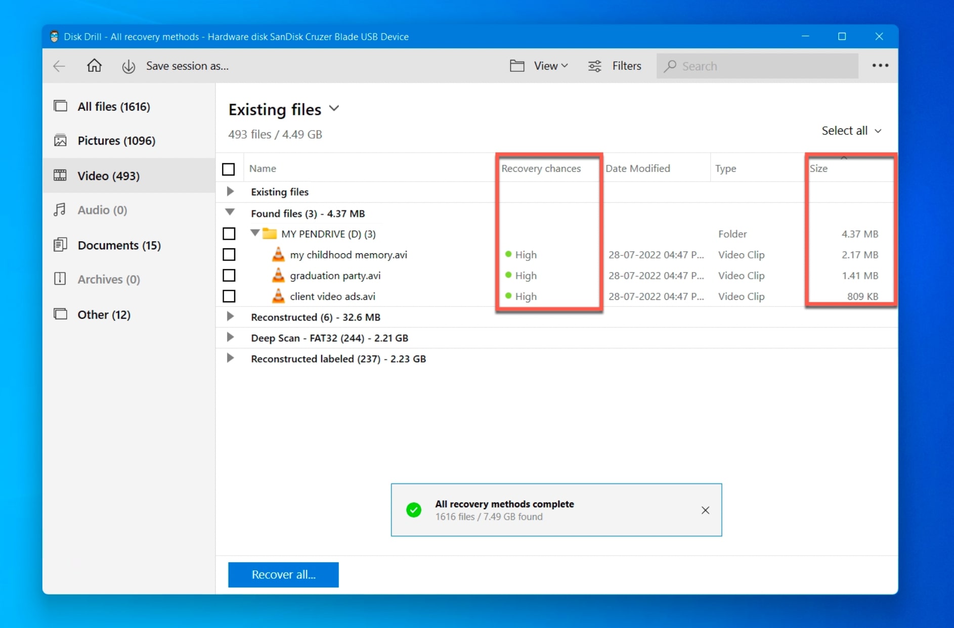 recovery chances of avi files in disk drill