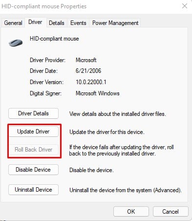 update rollback mouse driver