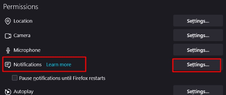 notificaiton setting firefox