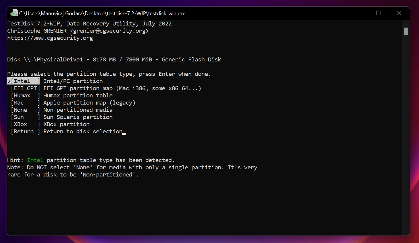 Partition table selection screen.