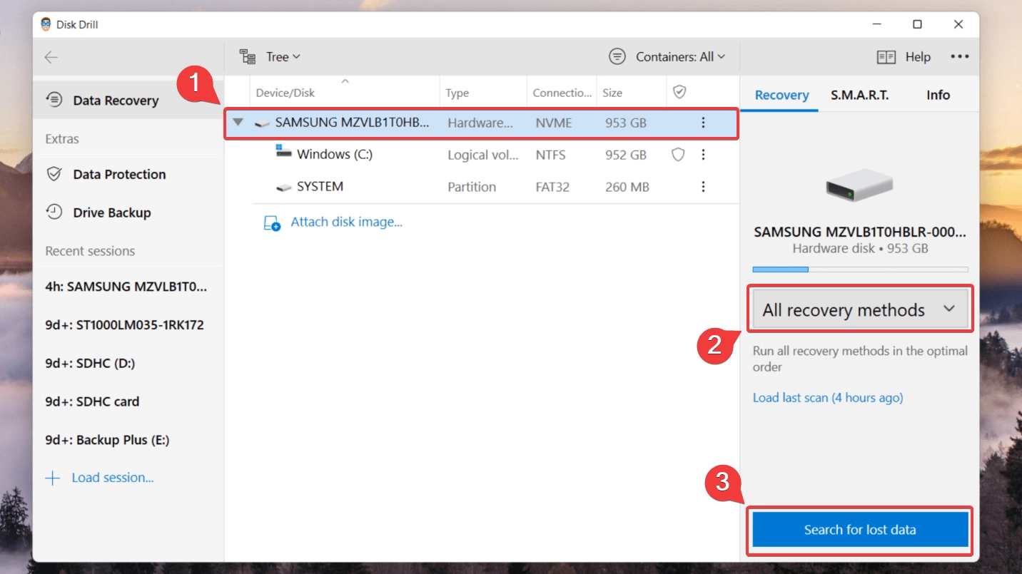 selecting samsung ssd from disk drill