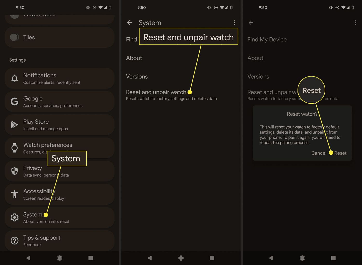 System, Reset and unpair watch, and Reset highlighted in the Google Pixel Watch app settings