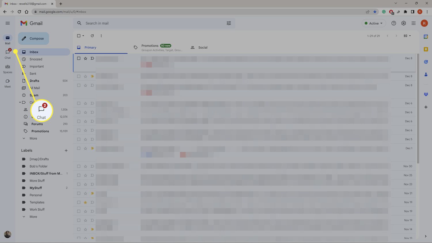 The Chat tab highlighted in Gmail