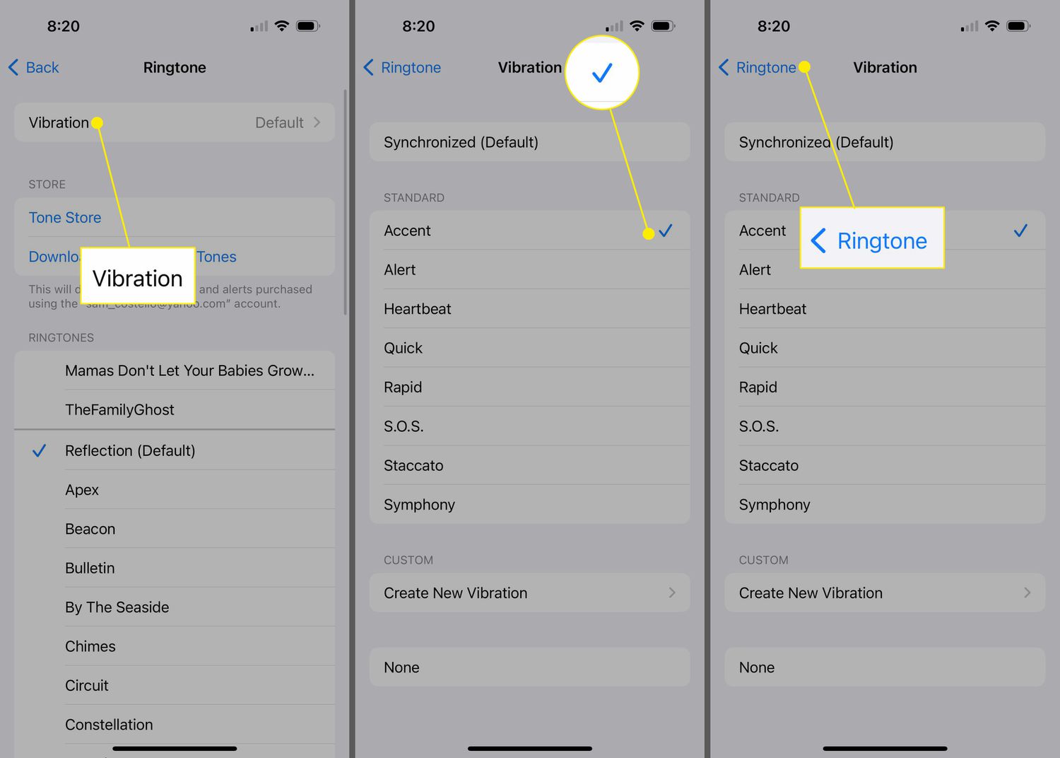 Vibration, Checkmark, and Ringtone highlighted in iPhone Settings