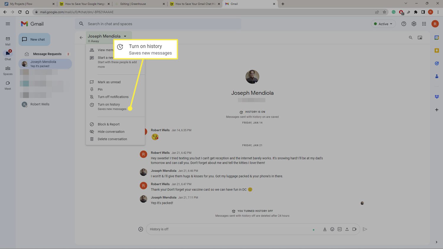 Turn on history highlighted in Gmail Chat