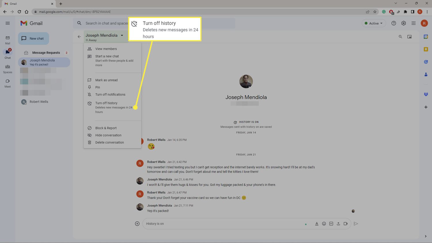 Turn off history highlighted in Gmail Chat