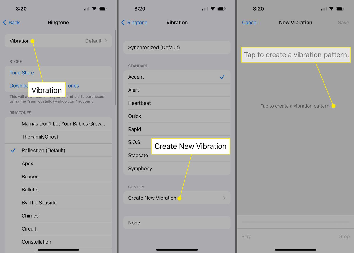 Vibration, Create New Vibration, and New Vibration creation highlighted in the iPhone app