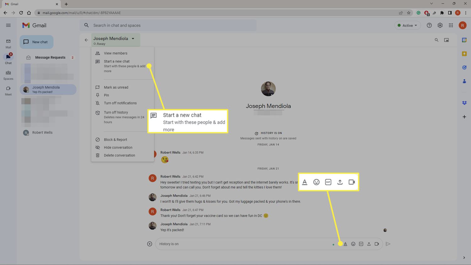 Start a new chat and chat tools highlighted in Gmail Chat