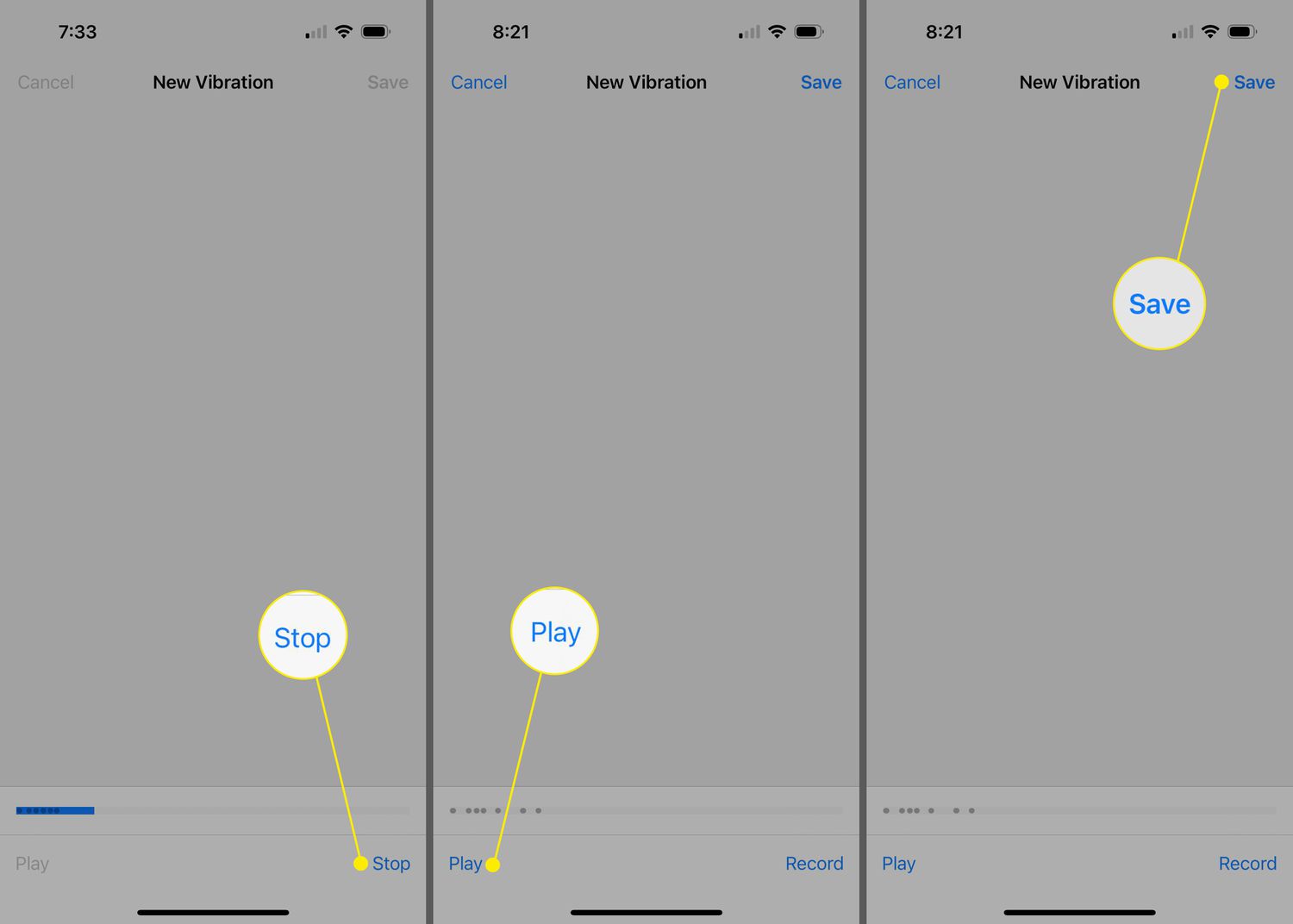 Stop, Play, and Save in iPhone Vibration settings