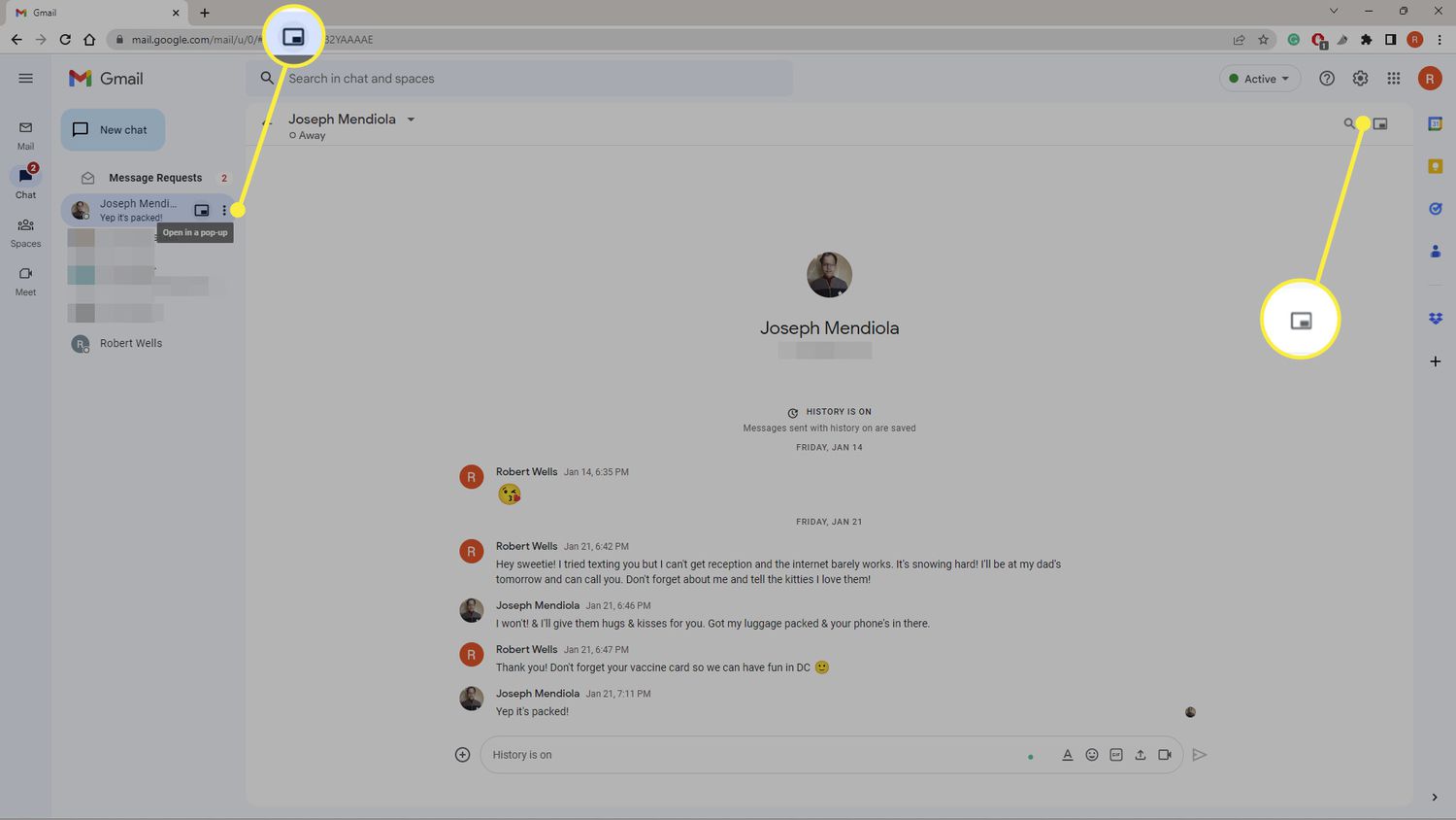 Open in a Pop-up icon highlighted in Gmail Chat