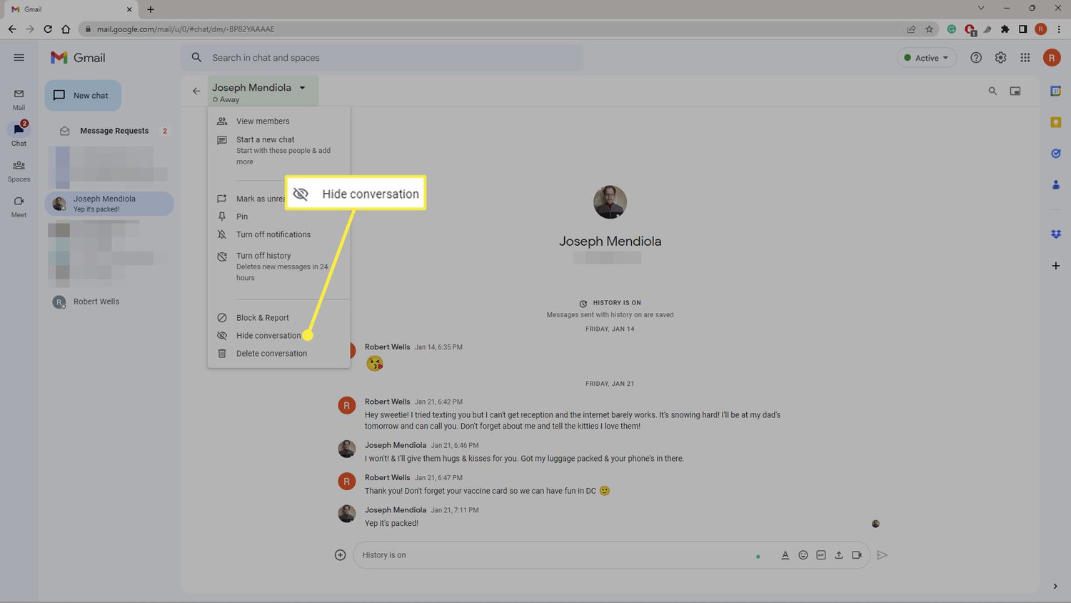 Hide conversation highlighted in Gmail Chat