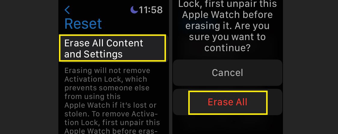 Apple Watch with Erase All highlighted