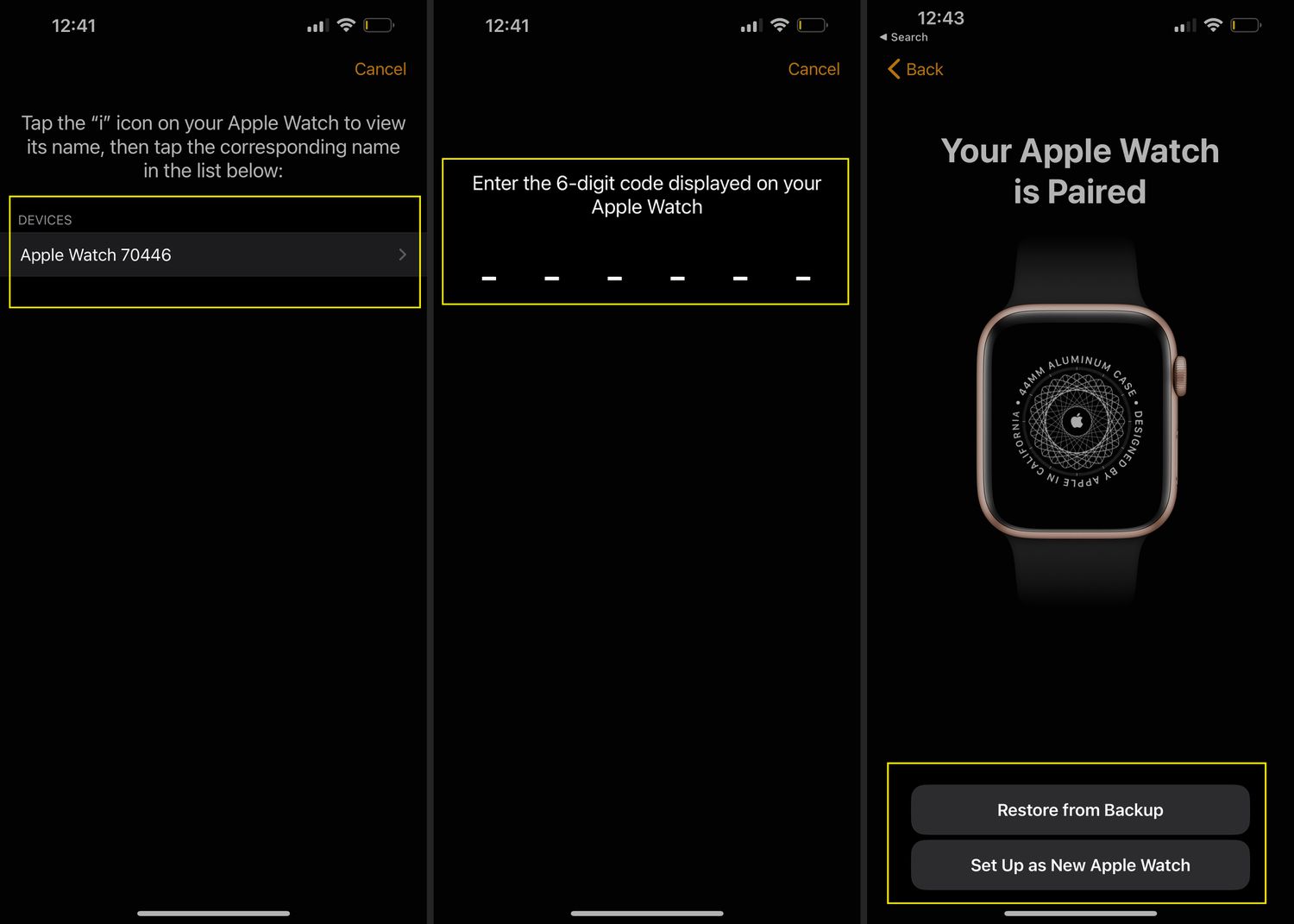 iPhone Watch app with device number, code, and options highlighted