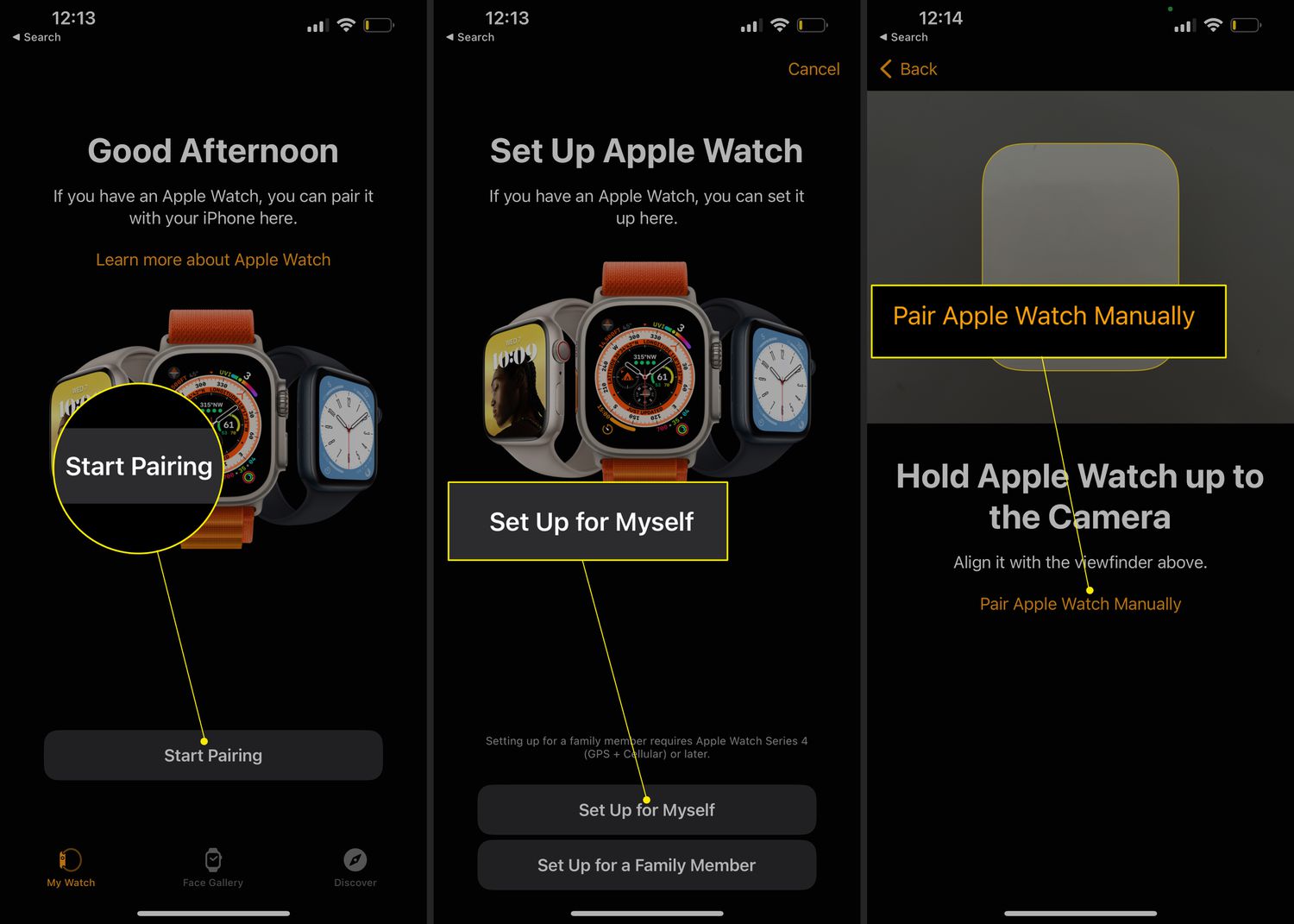 iPhone Watch app with Start Pairing, Set up for Myself, and Pair Apple Watch Manually highlighted