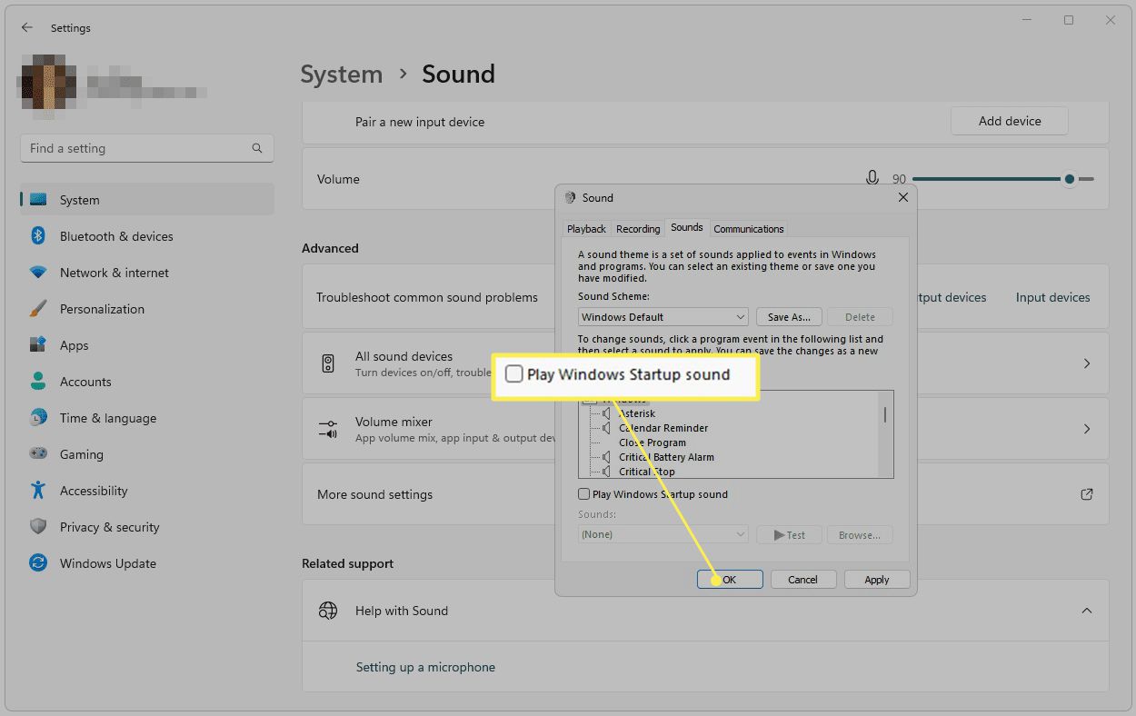 Windows 11 startup sound toggle with Play Windows Startup Sound highlighted