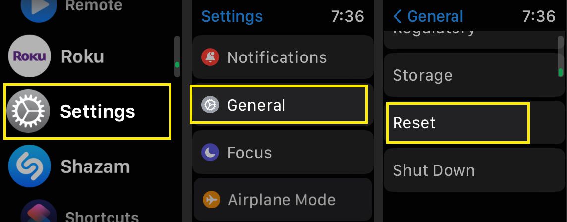 Apple Watch with Settings, General, and Reset highlighted