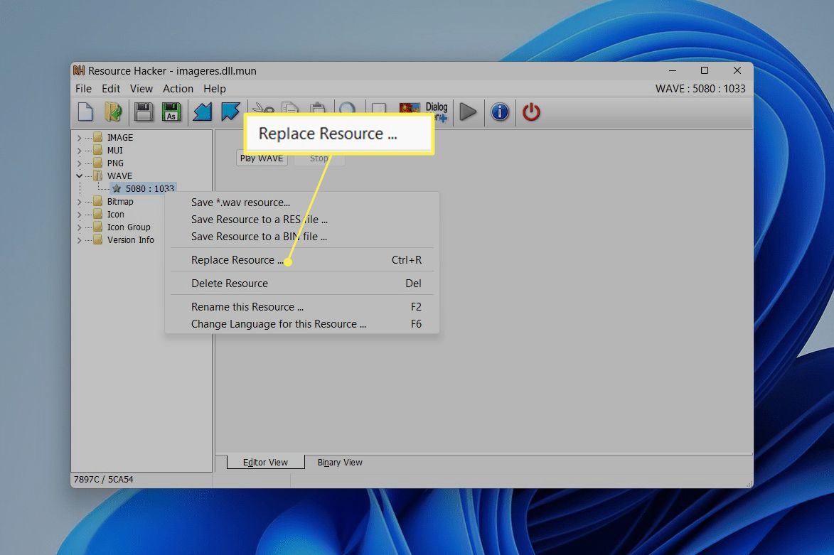 resource hacker replace resource option with Replace Resource highlighted