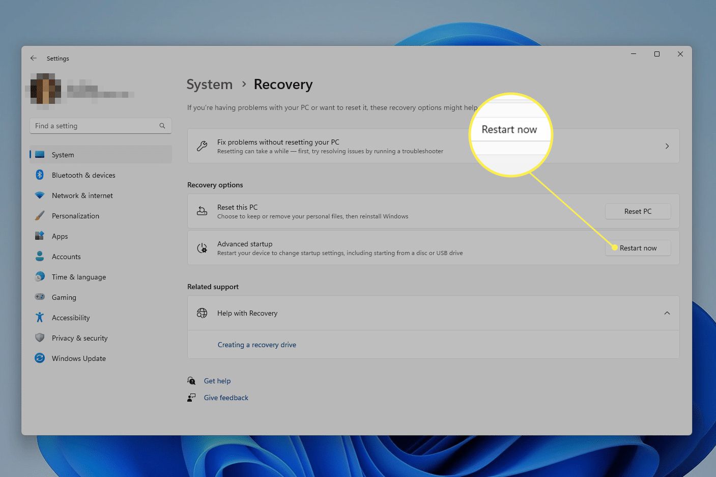 Windows 11 system recovery settings with Restart Now highlighted